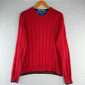 Nautica 90's Red Vintage Men's Ribbed V-Neck Sweater Retro Size M Streetwear
